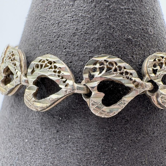 Sterling Silver Textured Openwork Heart Link Bracelet Lobster Clasp 9.62g - Picture 2 of 6